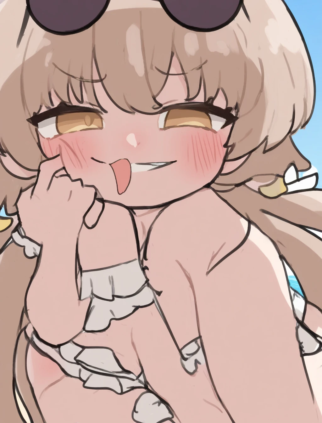 (HD, Sharp, Fractal), 1 girl, little, aged down, 8 yeas old, mesugaki, hentai, sex slave, longhair, brown tail, horse ears, horse tail, poor body, poor breast, flat chest, Super Glossy Skin, shiny_skin, blush, cross-eyed, half-closed eyes, jitome, evil smile, saliva, v-shaped eyebrows, hands on own hip, looking down, looking at viewers