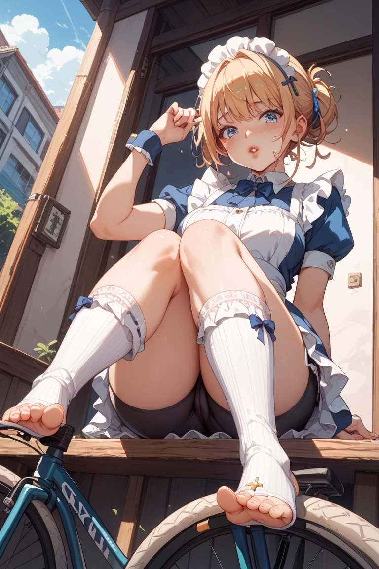 (masterpiece, highest quality, ultra high res, ultra detailed:1.3), 1 cute girl, ideal ratio body proportions, blonde short hair,  uniform, clothes covered nipples, blue pleated mini skirt, (white panties, high kicking the viewer:1.4), angry look, cameltoe, dynamic angle, 