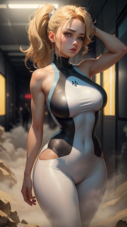 masterpiece,(masterpiece, top quality, best quality),supergirl solo, platinum blonde hair, belt, hand on hip, holding, large breasts, unzipped white bodysuit (supergirl insignia on chest), choker, supergirl insignia on sleeve , inzippef white jumpsuit, simple background, looking at viewer, smile, bodysuit, medium short hair, cowboy shot, bangs, standing, lips, closed mouth, brown eyes, medium hair, center opening,