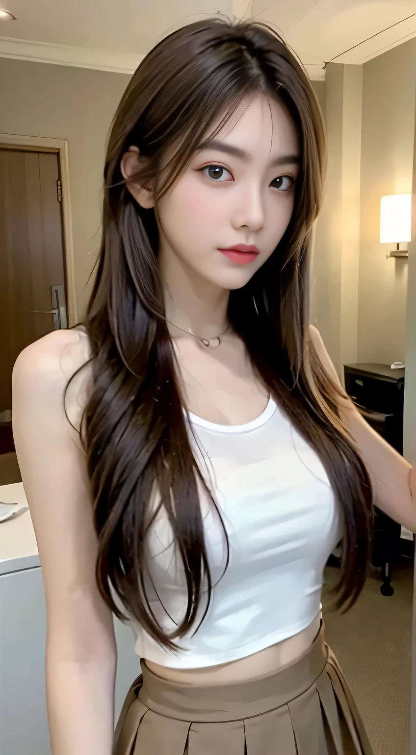 ((Best quality, 8k, Masterpiece :1.3)), 1 woman with a dark brown, long, perfectly styled hair: 1.2, slim and beautiful face with a small baby face feature: 1.4, big breasts: 1.2,

Lifelike, high-resolution: 1.3, Full body angle: 1.5,

A beautiful woman with dark brown, flowing locks that reach down to her waist, showcasing an envious shine under the sun's rays. Her  figure is in perfect harmony with her slim yet curvaceous body. Her face, framed by the hair, boasts a small baby face that is