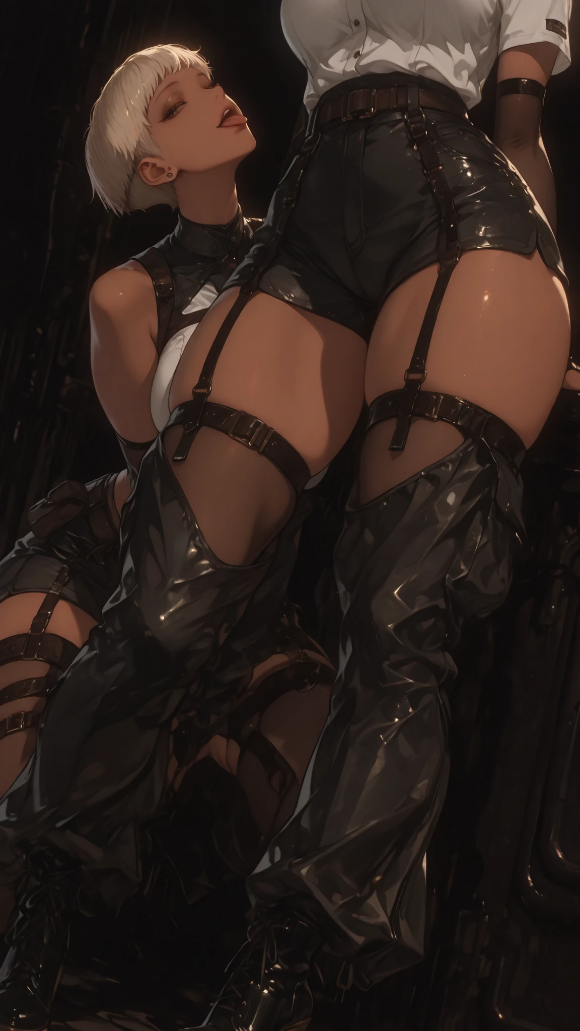(((Highest quality)), ((masterpiece)), (detailed), prison, One girl, bare shoulders, femdom, dominatrix, black bustier, black stockings, black g-string, black high heels, black garter belt, black elbow gloves, ass pov, ((((from below)))), looking at viewer, evil grin, ((whip)), wielding a whip at viewer, 