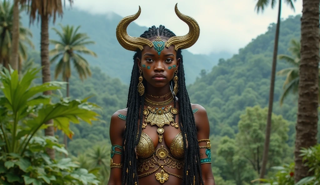 Create a full body image of a standing Karnathi woman, striking a confident pose while looking directly at the camera with a slight smile. She is tall and slender, with well defined muscles, and has a height of approximately 1,8 meters. Your skin is a light grayish tone, resistant to cold and radiation. The woman has four distinct horns: two larger ones that extend about 20 cm backwards from the temples, and two minors, slightly curved, positioned between them. The top of its head is covered by a smooth expanse of horn material., forming a protective crown that fits perfectly on your skull, without hair. Their ears are pointed and slightly larger than human ears., and your eyes are orange, adapted to see in low light conditions. Parts of their body display a thin layer of protective bone armor-like material that blends smoothly into the skin.. The surrounding scenery reflects the cold and desolate landscape of the &#39;Endless Land&#39;, with a vast dry steppe under a cloudy sky. The general atmosphere should convey the harsh nature, but majestic, from their native environment.