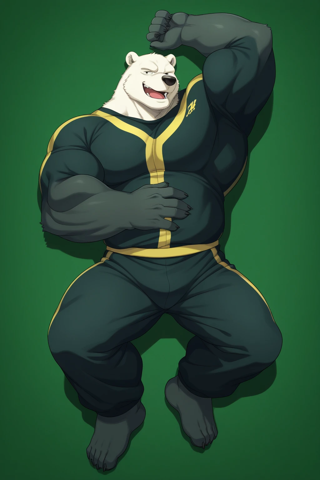 by takemoto arashi, ((full body)), (1boy), solo, male anthro, kemono, hot body, hunk, sexy, bara, handsome boy, (masterpiece, high res, best quality, watercolor shading), 4k, soft skin, Physical man, furry art, professional furry drawing, (((black panther, plain black fur all over his body solid black fur, soft muscle definition, self-black cat, small chest, miniscule lat miscles, stubby arms, short, wide lean waist, vey short thick scruffy fur))), scratch marks on shoulders, thick hands, short round muzzle, chewing on toothpick, tiny twig in his teeth, major overbite, large chin, short round snout, tired eyes, tiny lines for pupils, thick white eyebrows, round pierced bear ears, perfectly circular front facing bear ears, small gold cuff earrings on one ear, helix ear-piercing, orbital ear piercing, thin cat nose, white sumo garb, thick bulky waistband, ((white short narrow headband tied around his forehead, white hachimaki, thin white sweatband on his forehead)), flat stomach, tuft of white chest hair, thin white mohawk, thin white pubic hair, (((black underbelly, his underbelly is the same color as the rest of his body, one color fur, solid color body, black torso and mouth, perfectly square silhouette))), bored emotion, neutral expression, calm face, closed mouth