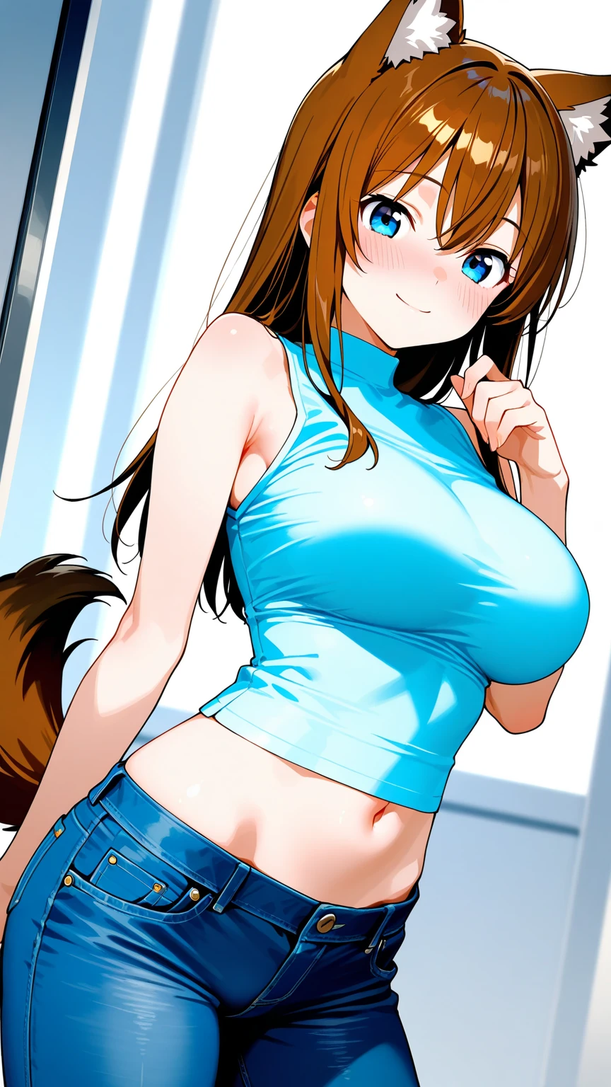sexy dance show,maruzensky \(umamusume\),good anatomy, masterpiece, best quality,realistic, hyperrealistic, 16k hdr,(Live Stage:1.2),(teaselift,shirt:1.2),Stage costumes,Horse tail,ultra miniskirt,navel,sweat,large breasts,upper body,smile,