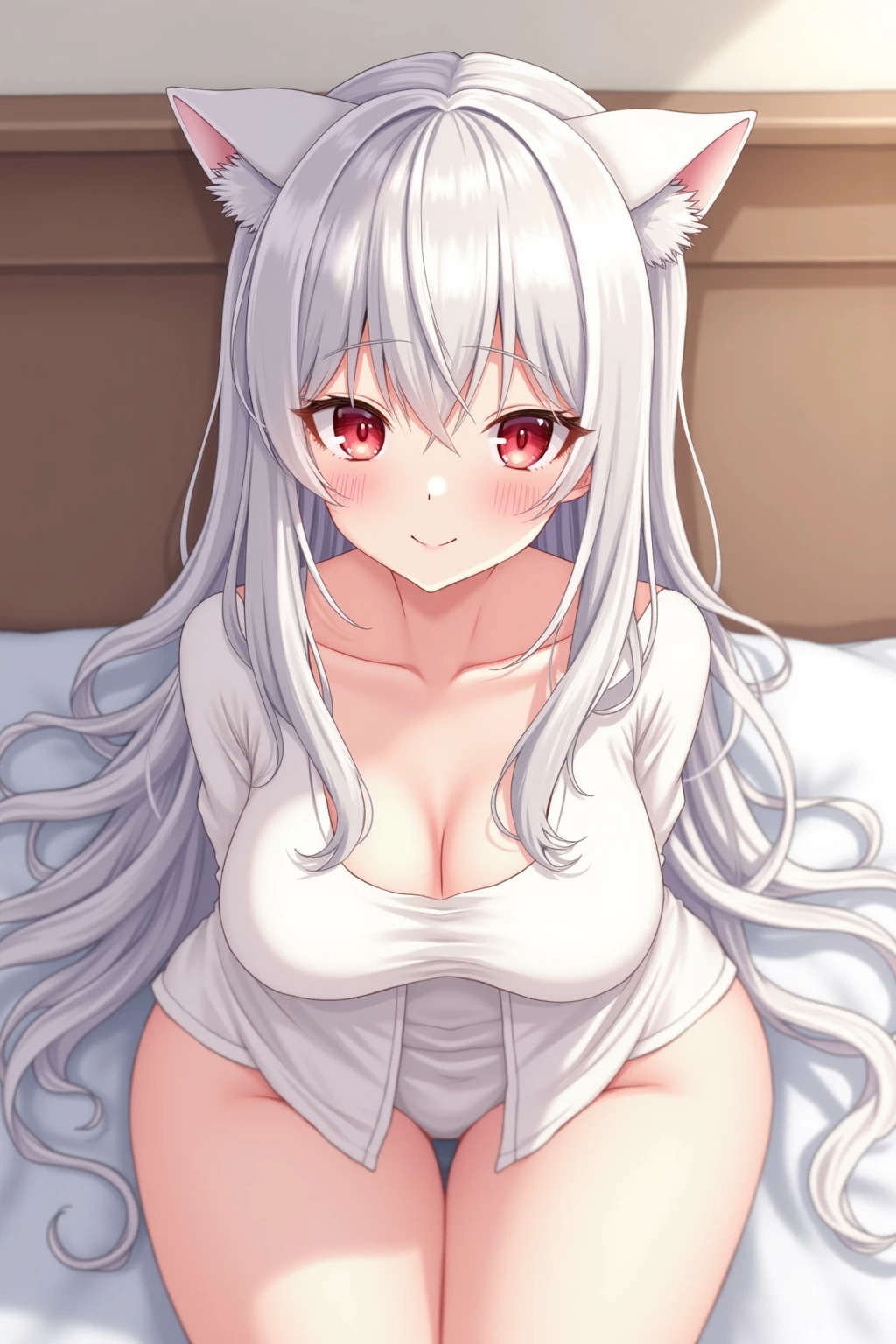 Atlas Fayon woman 40 years, white hair with black stripes ,white tiger ears, closed eyes, mujer ciega con closed eyes, hold detailed black panties, She is sitting on a bed in a 5 star luxury hotel at night, big breasts. SMILE. blush.