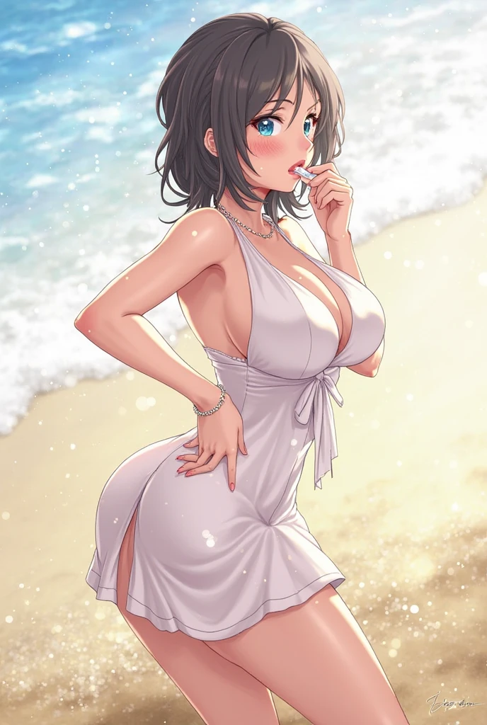 s3r1p4 ,bare shoulder, grin, strapless, pink dress, skin-tight dress, walking, beach background, ocean, blue sky, white clouds.