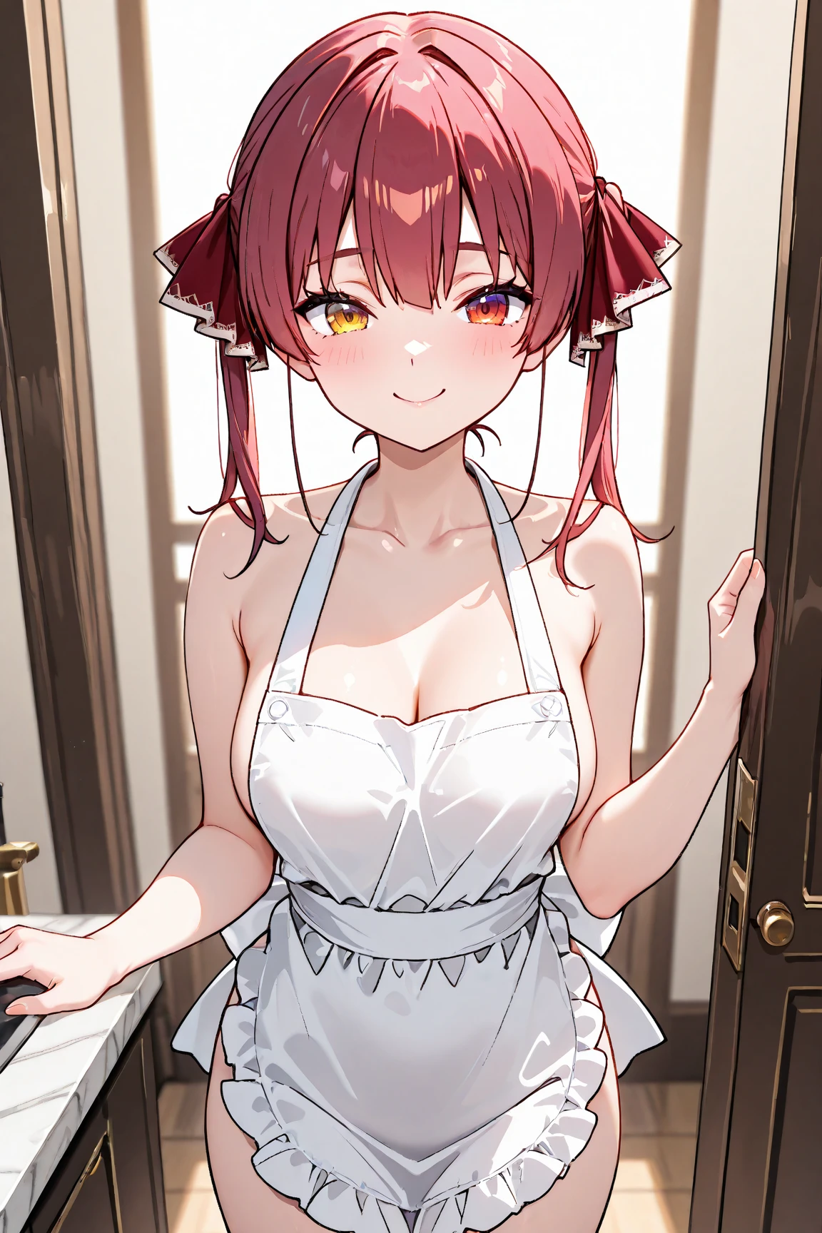Short Pixie Hair、Red hair、Red Eyes、Large Breasts、naked and wearing an apron