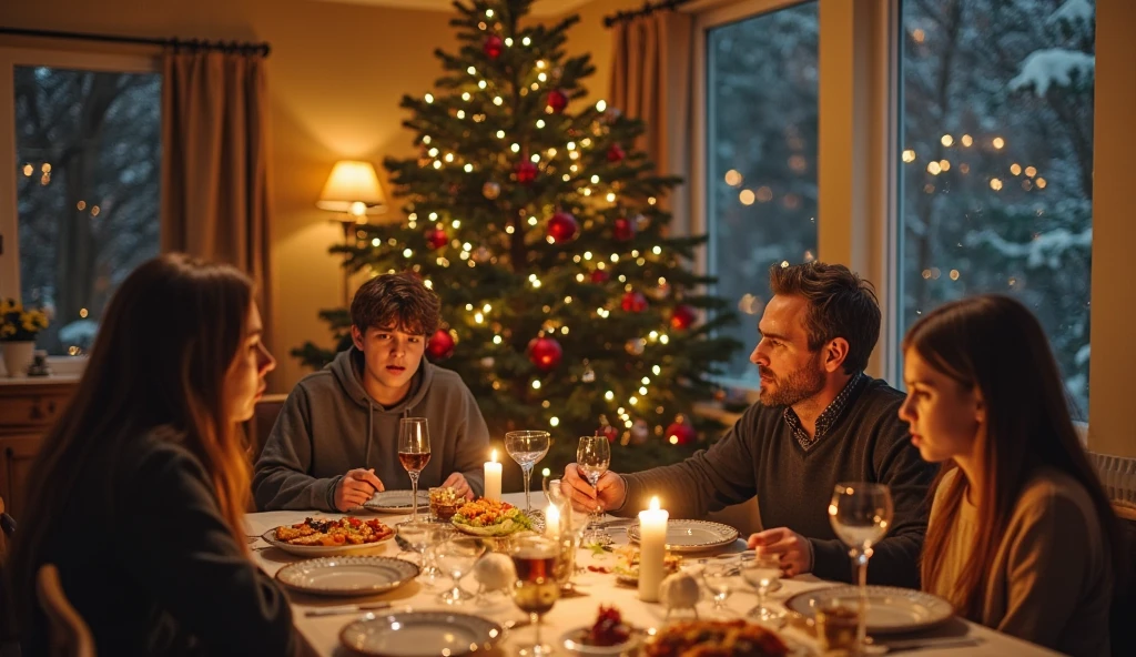 Prompt 1: Festive Family Feast

A joyful family gathered around a dinner table adorned with festive decorations, colorful lights illuminating the scene, everyone smiling and expressing happiness, a cozy and warm atmosphere, details of delicious food and cheerful conversations.

Negative prompt: empty table, dark room, sad expressions, plain decorations, lack of lights, cold and uninviting atmosphere, minimal food, no interaction.

Prompt 2: Celebratory Dinner Gathering

A close-knit family enjoying a festive dinner together, the table set with elegant decorations and vibrant lights, everyone displaying happy expressions, a warm and inviting environment, elements of a holiday celebration, and a sense of togetherness.

Negative prompt: formal setting, no decorations, serious expressions, dull lighting, sparse table, isolated individuals, no sense of festivity, uninviting atmosphere.

Prompt 3: Joyful Holiday Dinner

A family united around a beautifully decorated dinner table, colorful festive lights adding to the ambiance, everyone beaming with happiness, a cozy and inviting setting, detailed decorations, and a sense of warmth and celebration.

Negative prompt: lack of decorations, dim lighting, unhappy faces, sterile environment, no food, minimal interaction, plain and unadorned table, cold atmosphere.

Prompt 4: Warm Family Celebration

A happy family gathered for a festive dinner, the table adorned with vibrant decorations and colorful lights, joyful expressions on everyone’s faces, a cozy and comfortable atmosphere, detailed food presentation, and a sense of love and togetherness.

Negative prompt: unfriendly faces, absence of decorations, dark and cold environment, minimal lighting, empty table, lack of warmth, sparse decorations, unengaged family members.

Prompt 5: Festive Family Reunion

A family joyfully assembled around a dinner table, festive decorations and colorful lights setting the scene, everyone showing happy and content expressions, a warm and cozy e