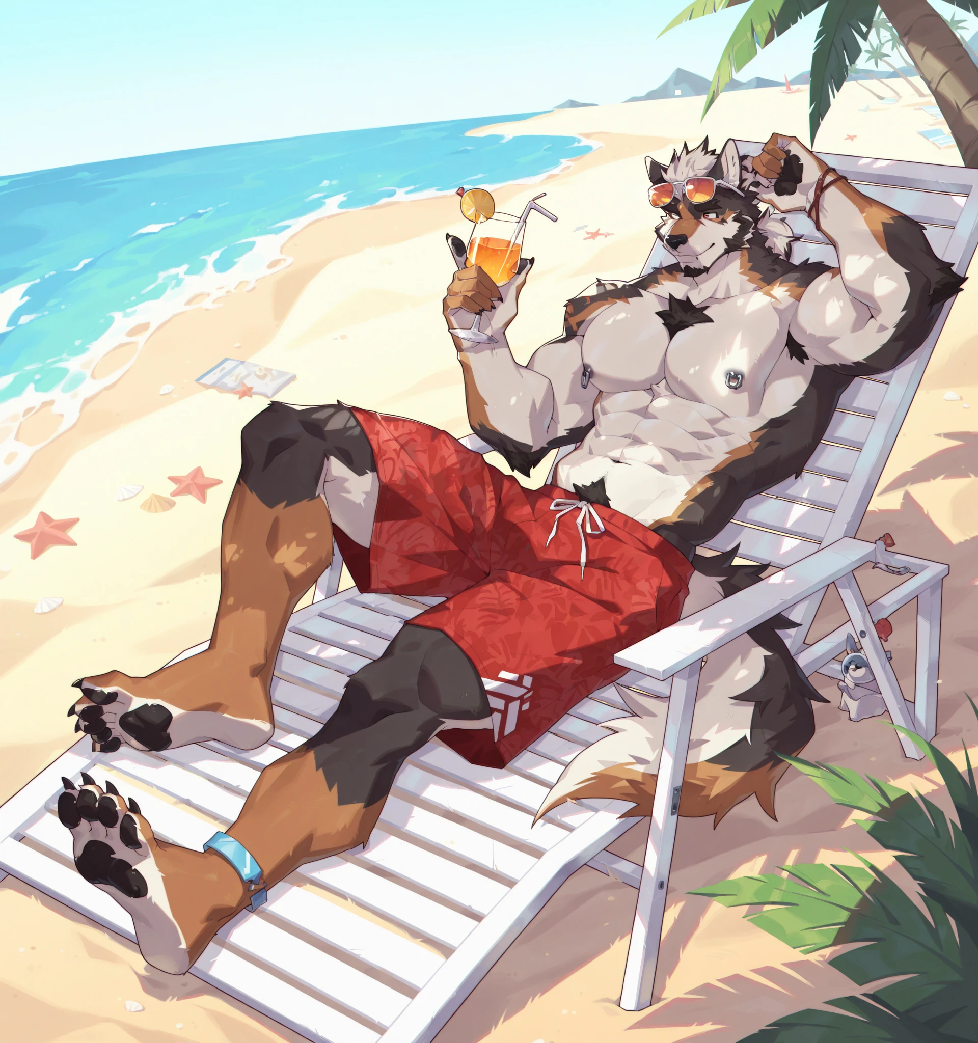 POV,top angle,sleep on stomach,lats,trapezius,butt lift,kemono, anthro (brown dog), male, (brown dog), muscular, back, red body, white belly ,sweat, ((correct anatomy)), sitting on lifegruard tall chair, beautiful beach, perfect beautiful beach background, perfect chair,1 boy, solo, wearing jockstrap, pain expression, canine tooth, hd, dark shadows, wide dynamic range, hdr, low light:1.2, front view, full body, canid, canine, canis, domesticbrown dog mammal, nordic sled brown dog, fullbody, full res, smile, lifeguard, wearing Tank top, full body, camera view, side view, full view, whistle, finger middle, finger, signal look down at viewer
