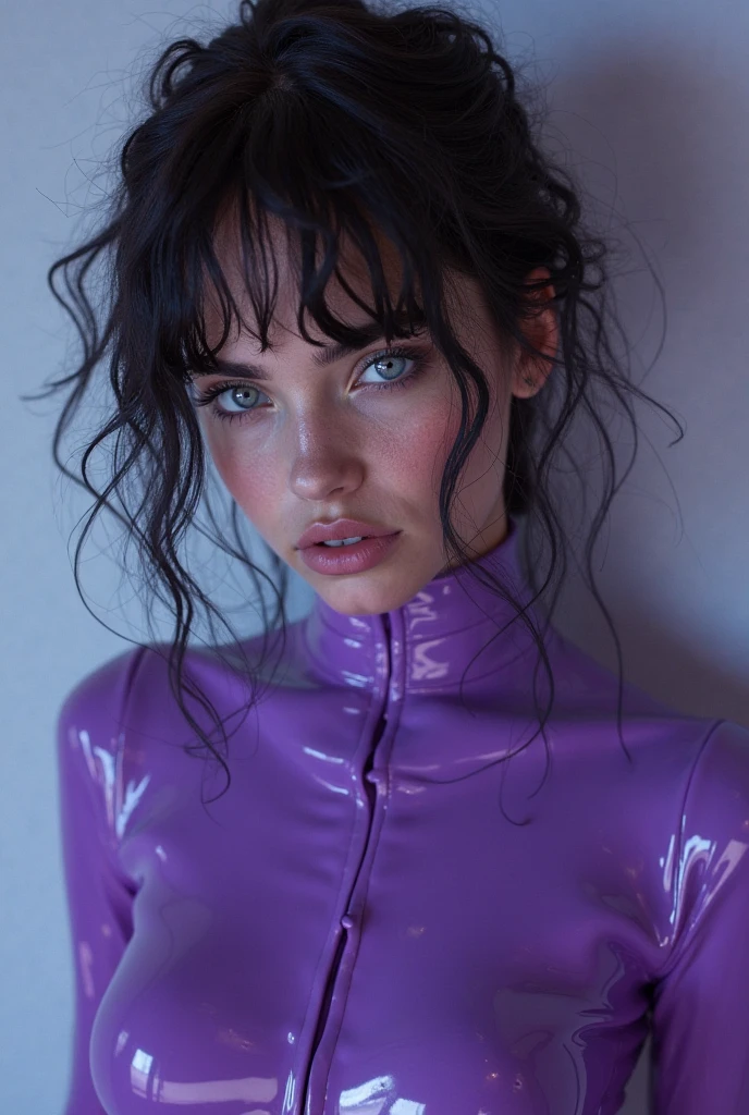 latina woman, young, naked, african braids, nosering, dimples, thick belt around neck, cum in mouth, cum leaking out of mouth, naughty expression, purple shiny latex bodysuit, close-up, UHD, retina, masterpiece, accurate, anatomically correct, textured skin, super detail, high details, high quality, award winning, best quality, highres