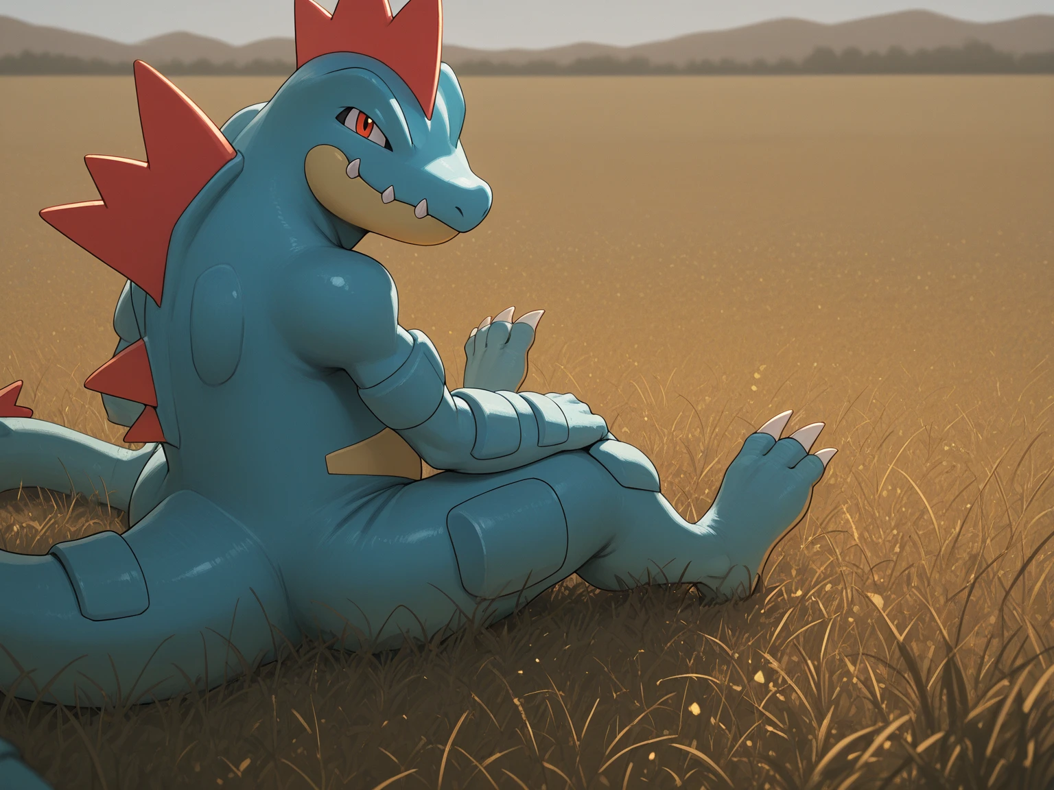 Feraligatr, pokemon, reclining face down, view from above
