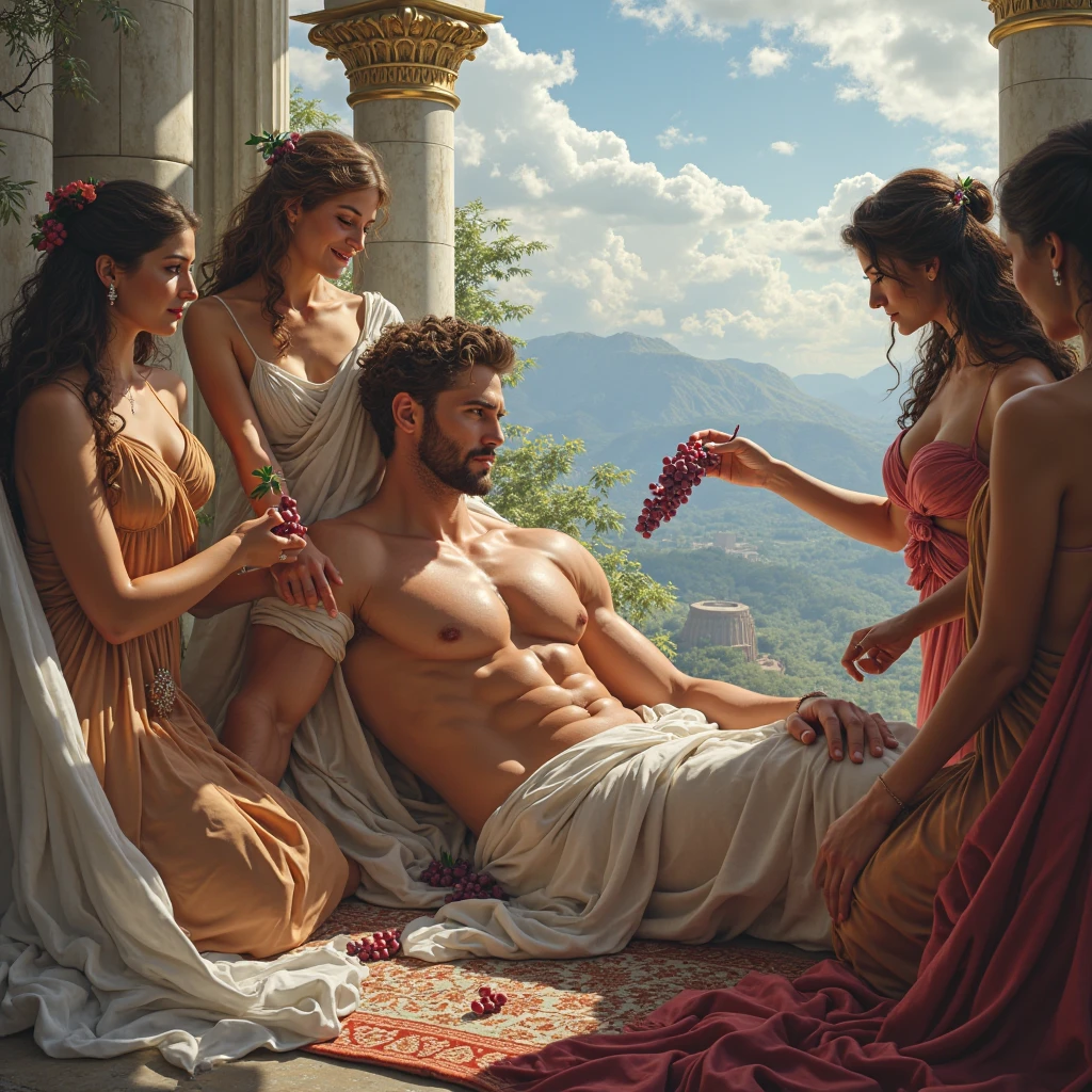 full body, naked, three females knee greek with cloak, female greek take a bath, painted of rugged zeus and queen hera, god of thunder, female greek god, white hair, masculine, mature, handsome, upper body, muscular, hairy torso, fantasy, intricate, elegant, highly detailed, digital painting, artstation, concept art, smooth, sharp focus, illustration, art by gaston bussiere and alphonse mucha, almost naked
