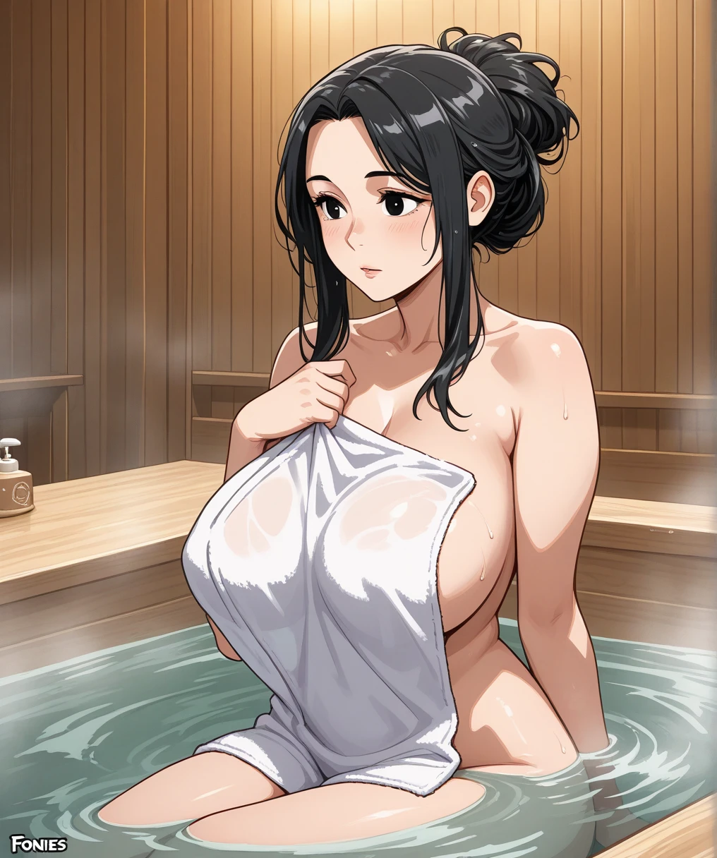 1 girl,Women's bath,hot spring,nipple,naked,small breasts,,brown long hair,poor body,blush,surprised expression,Sweat,high school student