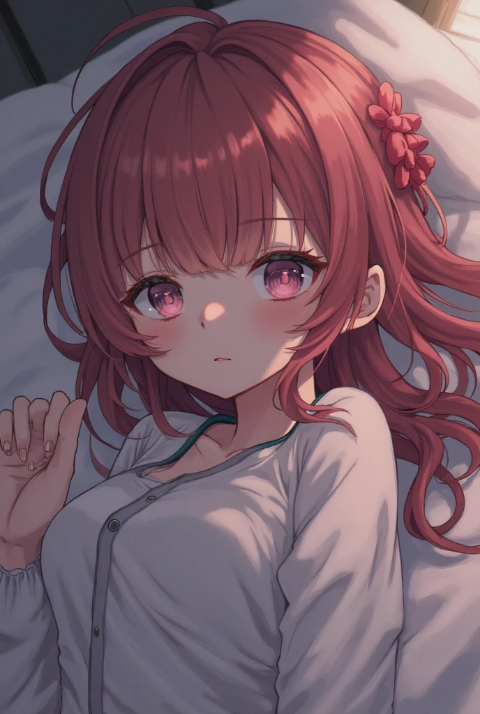 1girl, solo, black shirt,red hair,red necktie, lying,on back,bed,arms up,military uniform,small breasts, pencil skirt,masterpiece, highres, best quality