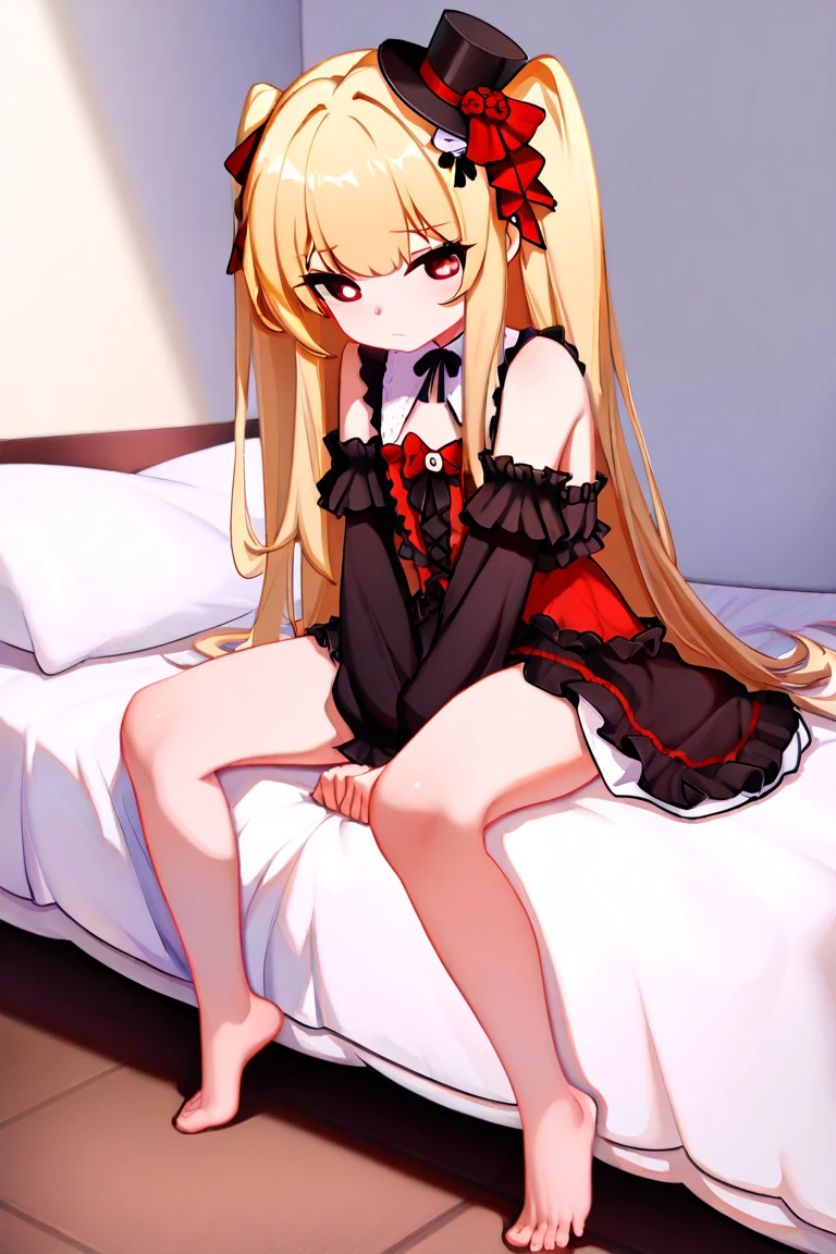 masterpiece, highest quality, Very detailed, 16k, Ultra-high resolution, Cowboy Shot, One 8-year-old girl, Detailed face, Perfect Fingers, Golden Eyes, Blonde,  Original Costume, Twin tails, bonnet、Red dress、White Panties Western-style House, bed, Lie on your back