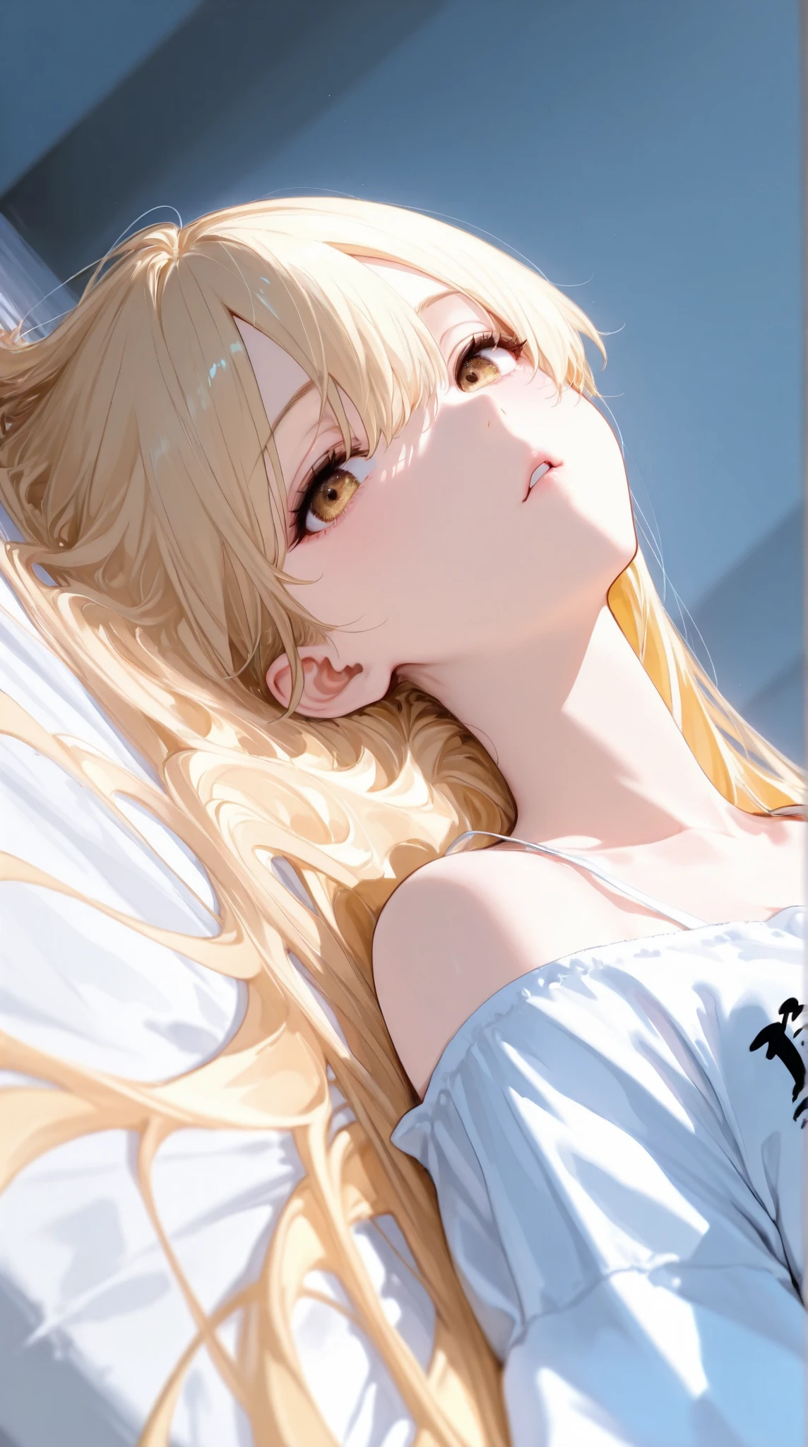 1 girl、very long super long hair、Blonde、upper body main composition、Clothes are flashy、looking at me while lying face down、I'm staring at me while lying on my back、I'm looking at me while lying down、turning around