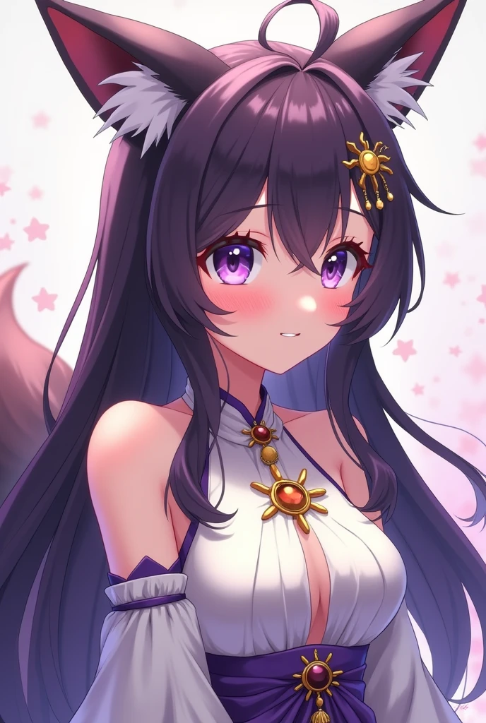 1woman, solo, masterpiece, best quality, fox ears, 9 fox tails, kitsune, short robe, (((white short robe))), thighs, purple hair, long purple hair, purple fox ears, large breasts, cleavage, large red obi, revealing, open front, plenty of cleavage, sleeveless, sleeveless robe, smiling, arms outstretched, embrace, perfect hands