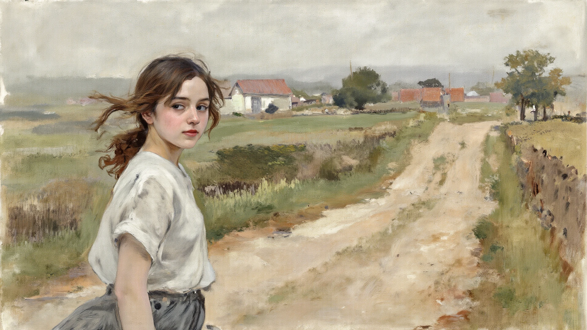 alone in the universe, Paint in watercolor style, Photorealism, discreet golden and ruby and mint shades, () a gentle, modest thin girl of 16 years old with a very beautiful, exquisite face of the southern type with tender  walks barefoot in the distance (around the southern town) early morning (along the houses)