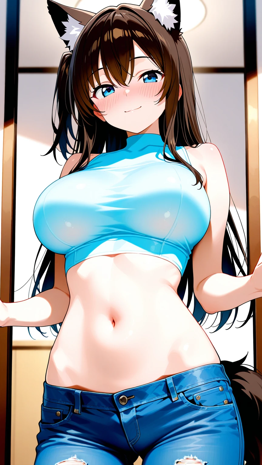 ((best quality, masterpiece:1.3, 8K)), (detailed), highly detailed face and skin texture, detailed eyes, bedroom, bed, window, full body, seductive pose, slender body, 1girl, 25 years old, white skin, bright lips, scared, worried, embarrassed, panicking, long hair, (forehead:1.0), topless, jeans pants, skinny jeans, blue jeans, barefoot, peeing jeans, peeing pants, pee stain, (wetting herself:1.5, desperation:1.5),