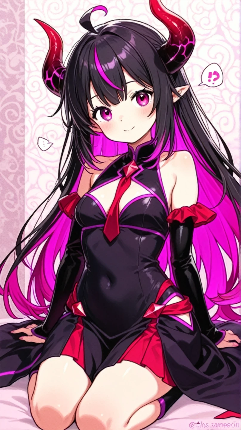 night、lovelive　Kurosawa Diamond、Black Background、Evil background、Hotel Bedroom、Sensual pink light、A shiny pink rubber suit that wraps around the body、Upper Body、tall、Black long gloves、Upper Body、Evil female warrior、Fantasy、Condescending smile、Fallen into evil、Fall into Darkness、Kneel、Black Hair