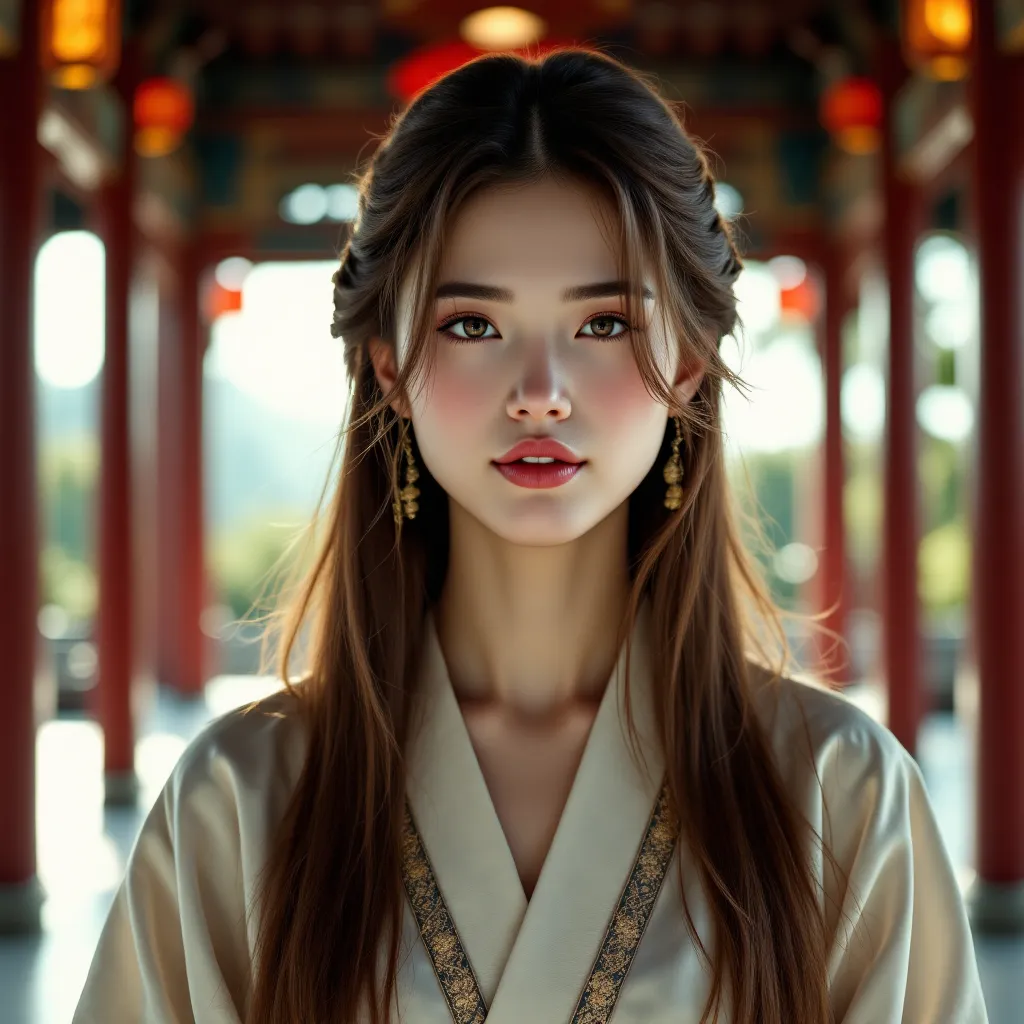 (RAW Photo, Best Quality), (Realistic, Photo Realistic: 1.3), Best Quality, Highly Detailed, Masterpiece, Hyperdetail, Illustration, 1 Girl, Forehead with Painting, upper_body, Dynamic Angle, World Masterpiece Theater, messy_long_hair, Best Quality, Extremely Detailed CG Unified 8k Wallpaper, Ink, Amazing, Cinematic Lighting, lens_flare,dunhuang_style