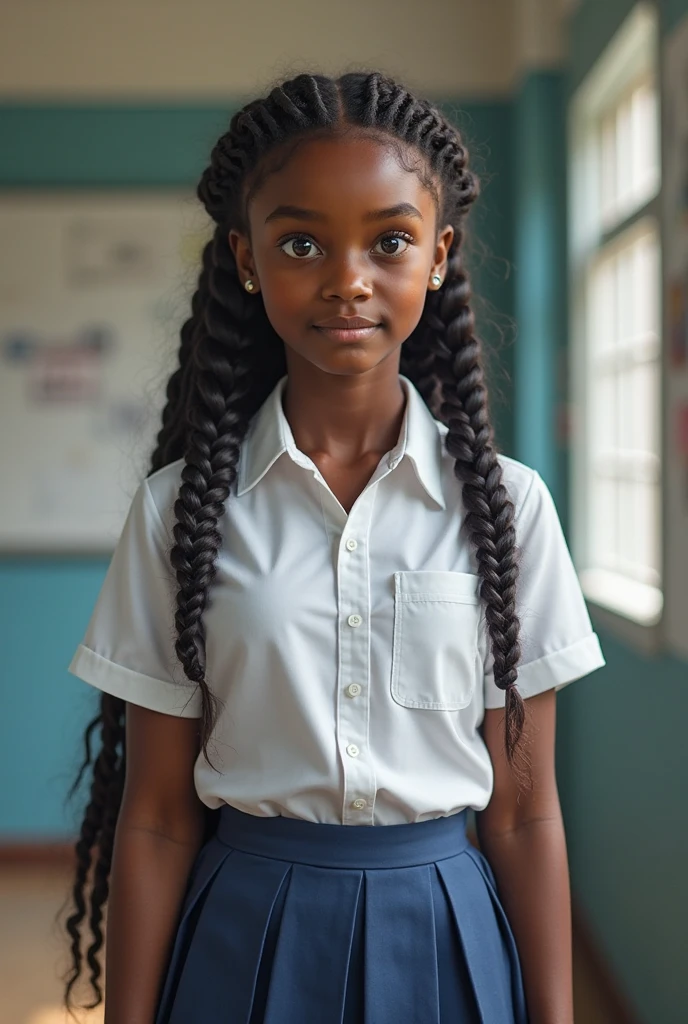 Intégral plan of a Jamaican girl, round-faced and ten years old, very beautiful, with an intense gaze directly at the viewer, naked, hairstyle tied in a ponytail, seated in a classroom with other students, facing backwards.
Une jeune fille jamaïcaine de dix ans, rondelette et très belle, regard fixe et intériorisé percent sur le spectateur, nue, cheveux attachés en queue de cheval, position assise, dos tourné vers une classe en cours avec d'autres élèves. (A ten-year-old Jamaican girl, round-faced and very beautiful, intense gaze directly at the