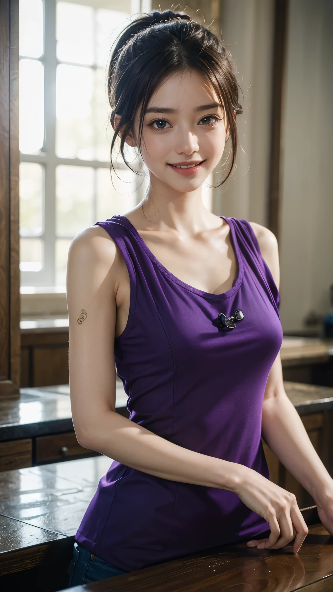 A very cute girl, solo, young, wearing purple tank top and short pants, big breasts, white and smooth skin, full body, medium hairs, red lip, at studio, realistic face