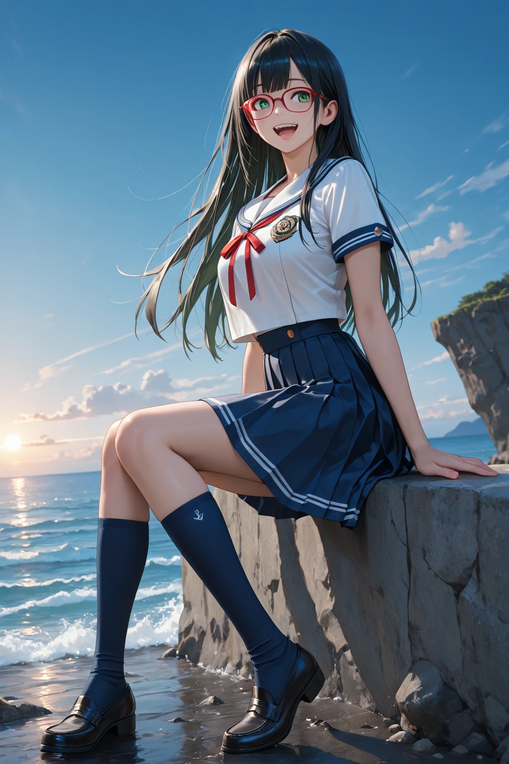 A very cute and beautiful high school girl looking at the sea on the hill,(very detailed beautiful face and eyes:1.2),Smile,Cowboy Shot,
Seifuku,(Mini skirt),Black hair,Beautiful legs,Sitting,Spread legs,(Looking at the sea,From the top of the hill),House with a red roof,Detailed landscapes,
(Best Quality,masutepiece:1.2),Intricate details,hight resolution,Solo,
Dynamic Angle,Natural lighting,Hair fluttering in the wind,Beautiful detailed sky,