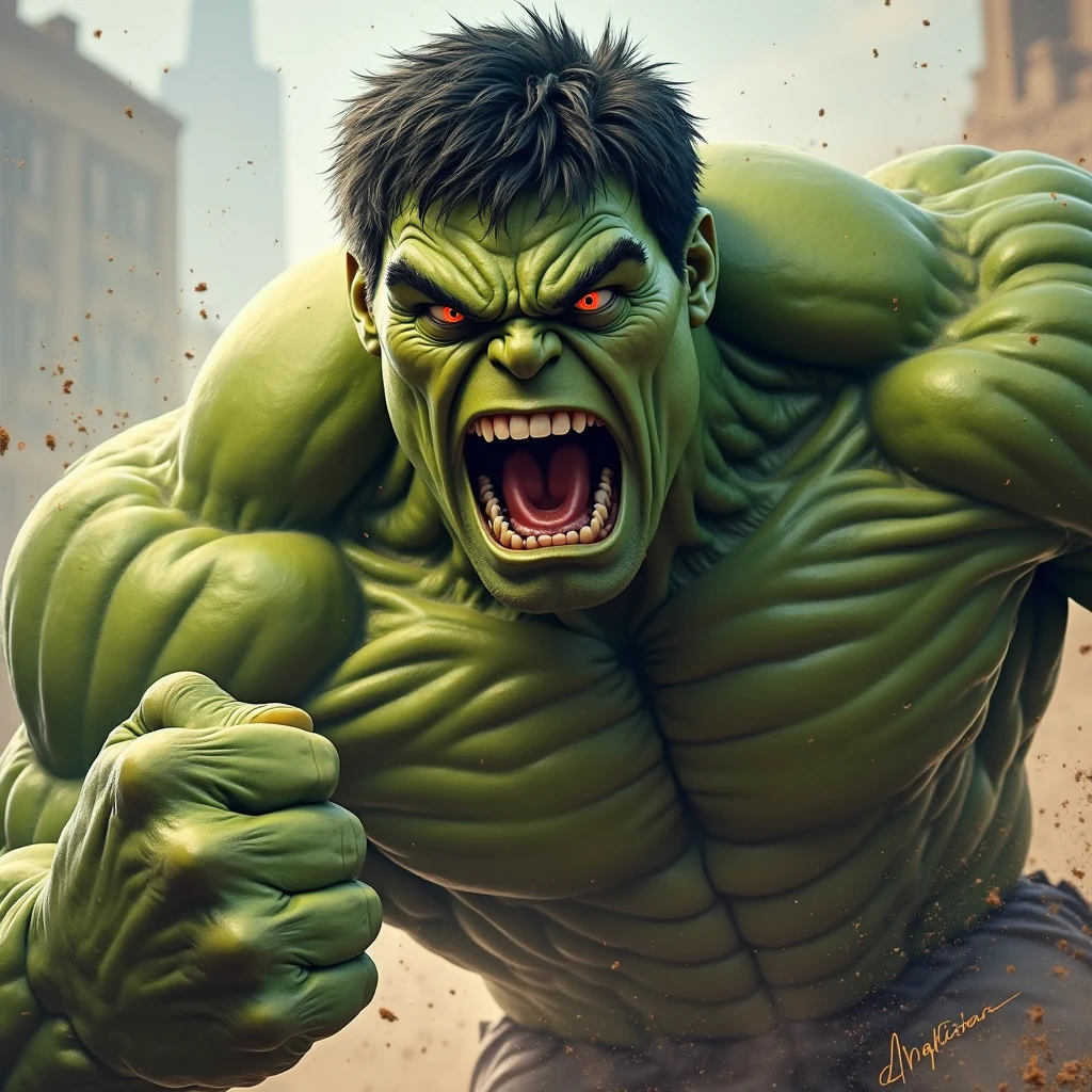 (Very realistic image)+(Hulk) + (Hollywood Hill)