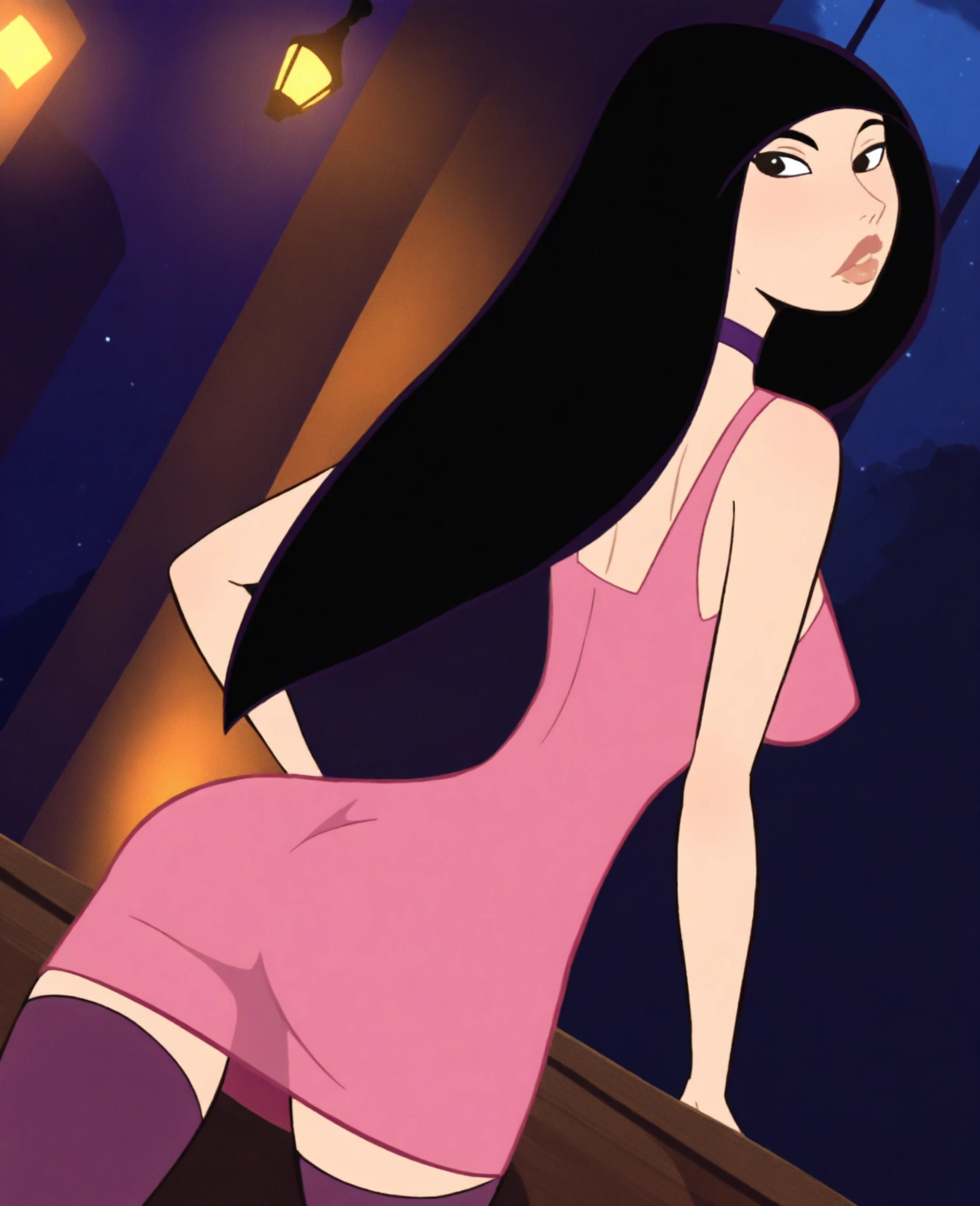 Beautiful, masterpiece, Best quality, very detailed face, moonlight, 2 girls, kiss, perfect body, seductive, pomade, I look at the viewer, wide hips, Medium breasts, black hair with white lines,Long flowing hair, lip shape:ruby, (Body shape:Scales), see-through peignoir,Black peignoir, girl horny, full length, lying on the side, Sexy, Bedroom, Naked