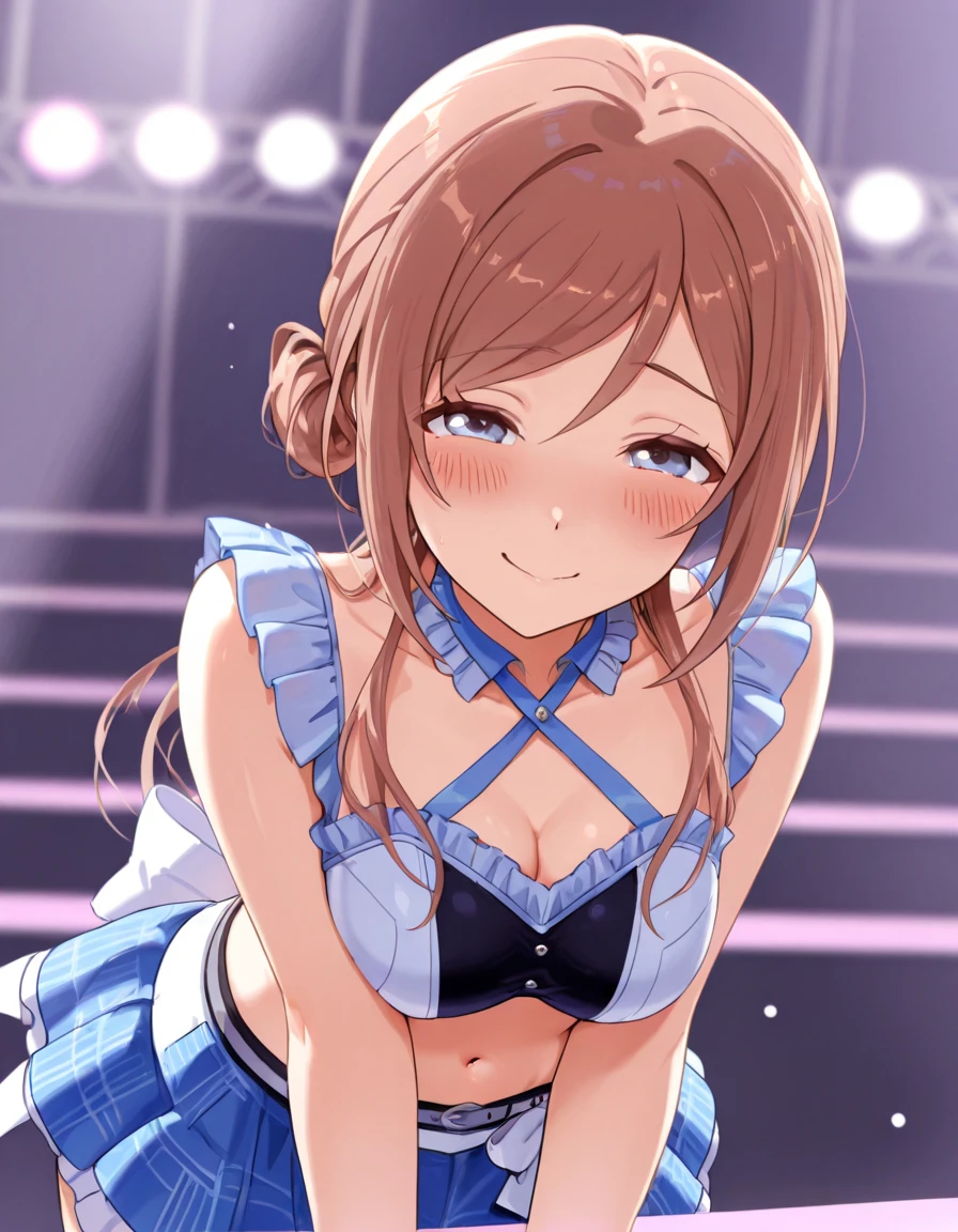 sexy dance show,1girl,solo,special week  \(umamusume\),good anatomy, masterpiece, best quality,realistic, hyperrealistic, 16k hdr,happy Smile,(Live Stage),(see through costume:1.2),Stage costumes,Horse tail,sing a song,ultra miniskirt,navel,micro panties,(large breasts,cleavage:1.2),sweat,(standing,spread legs:1.2),(leaning forward:1.3),