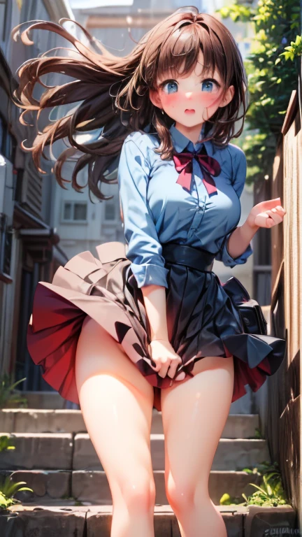 ((Highest quality)), ((masterpiece)), (High resolution), 8K, Best Shadow, The best natural light, Cinematic, High school girl climbing the stairs、15 years old, (Black Hair)、Recall, Shy、Navy Blazer、(Navy Check Skirt)、(Dark blue socks)、((Rear View))、Angle from directly below the rear, ((View from directly below))、Dark blue socksのクローズアップ、Manga panel layout、Manga style、Manga Design、Station stairs、On the way to school, Skirt fluttering in the wind, Stylish white panties hidden under a skirt, Slender body,Beautiful thighs, Embarrassed expression,((Straight long hair)),((Perfect human hand:1.3)),Sweat:1.1,(alone),