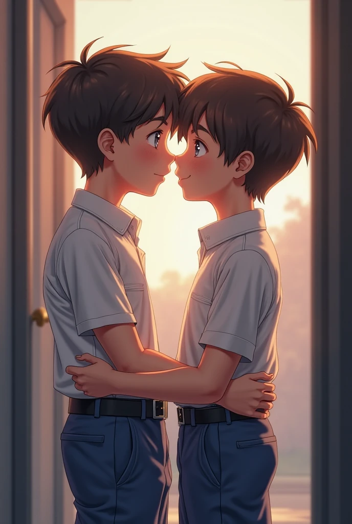 Two little boys kiss