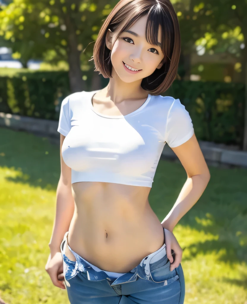 (highest quality:1.5)、(Realistic:1.5)、(1 person:1.5)、Very detailed、High resolution、8k、Medium breasts、Natural color lips、Cute Smile、Japanese women、20-year-old girl、Beautiful and elegant face、Perfect and beautiful face、Balanced big eyes、Brunette's eyes、Beautiful and elegant face、Natural double eyelids、Natural Bangs、Beautiful thin nose、Beautiful Skin、Medium Bob Hair、Natural Bangs、Perfect and beautiful face、Slim face and figure、Summer blue sky、Mountain Grass Park、Look at the viewers、socks、Beautiful belly button、Open the navel、Wearing clothes that expose the navel、(Staring at the camera with a sweet smile)、Bright lighting、Professional Lighting、Forward lighting、Beautiful legs:1.2、Smooth Skin、Slim Body、Slim waistline、slim thin thighs、(Sit on the grass)、White clover is blooming、Cleavage、((Bloomers))、((ネイビー色のBloomers))、 (A plain short-sleeved white T-shirt)
