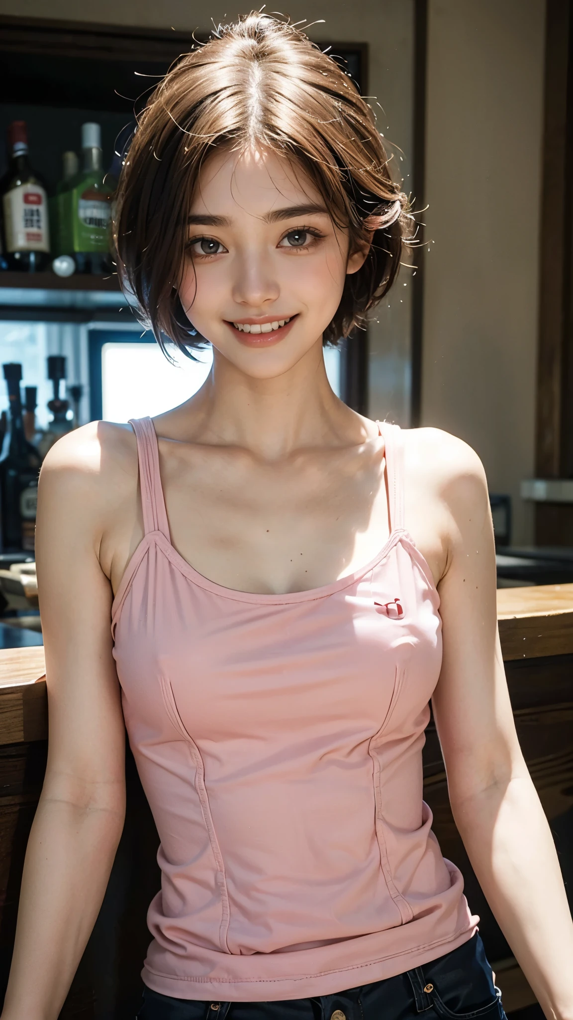 highest quality, masterpiece, ultra high resolution, (realistic:1.4), 20-year-old,1 girl,super high quality,8K,thinウエスト,thin脚,thin and beautiful arms,beautiful fingers,((The shape of tits is clearly visible)),sale eye makeup,my  are ,thin,Medium chest,soft chest,(((生地thin短いタイトなＴshirt and pants only))),The shirt is short enough to show the underline of the tits,,beautiful breasts,((straight hair to shoulders)),((Bangs short hair)),realistic,picture media chest)),((toothy smile)),((big smile))