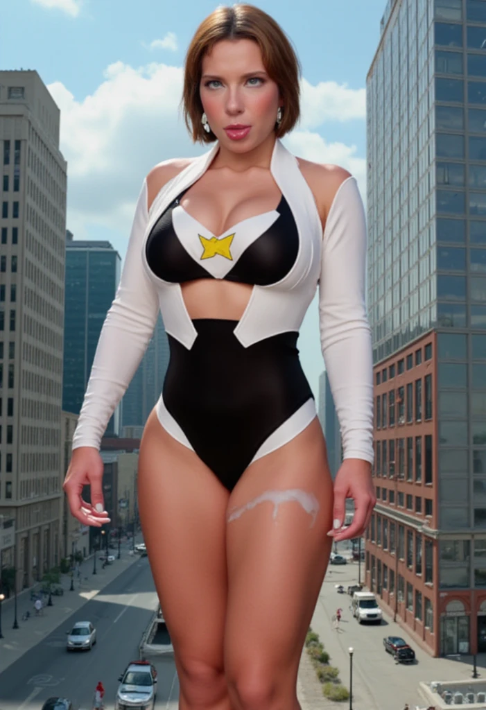 galatea, short blonde hair, white leotard, medium breasts, white gloves, gold belt, cleavage cutout, looking at viewer, serious, standing, upper body shot, hands on hips, outside, city, times square, snow, winter, neon lighting, high quality, masterpiece, <lora:Supergirl_Galatea:.7>