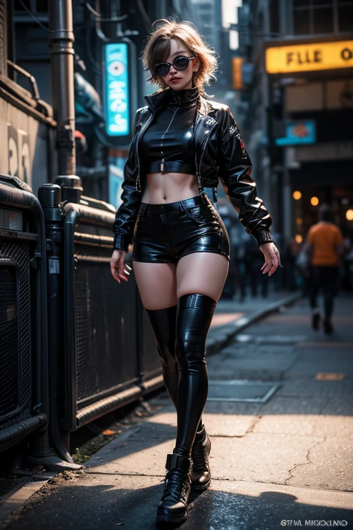 1girll, future warrior,cabelos preto e longos,flowy,crisp breasts,Beautiful thighs,Tattooed with,Chest bumps,Colored square sunglasses,Black skinny one-piece leather jacket,Black boots,There are round metal rings at the wrists and ankles,epcot,cyber punk perssonage,Detailed background,Clothing details,perfectly proportioned, Cinematic lighting, filmgrain, Fuji colors, lightand shade contrast, 8K, 巨作, Textured skin, Super detail, high detal, high qulity, A high resolution,