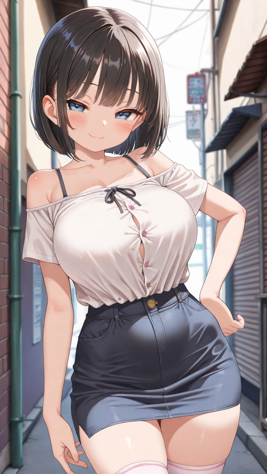 nsfw,1girl,18yo,perfect hands, perfect finger,perfect anatomy, masterpiece, best quality,realistic, hyperrealistic, 16k hdr,, aamii, short hair, black hair, blue eyes, pink frame glasses, (no bra,no panty, T-shirt,denim mini skirt:1.2),(lift up T-shirt),outdoor, from below,(sweat:1.3),(red blush,shyness smile),small breasts,necklace,(leaning forward,squating:1.2,pubic brown hair:1.3,open legs,spread pussy),(wink),(peace sign:1.3),sweat,pussy juice,