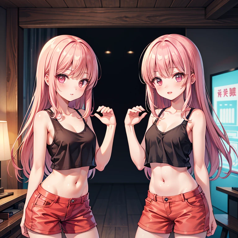 ​masterpiece, 1girl ((20year old, Black short sleeve hoodie exposes navel, tight blue jeans, medium breasts, multicolor pink hair, twin ponytails, green eyes, open chest wide, Happiness, headphones, dance, bedroom)）