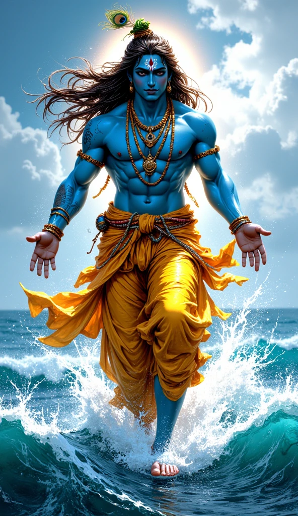 Lord Ram (fit body, blue colour, middle hair, dancing arrows in hands, wearing yellow clothes,bright lights on full body) is standing on the seashore, shooting dancing arrows in the sky, lightning is flashing in the sky, dark clouds are looming,