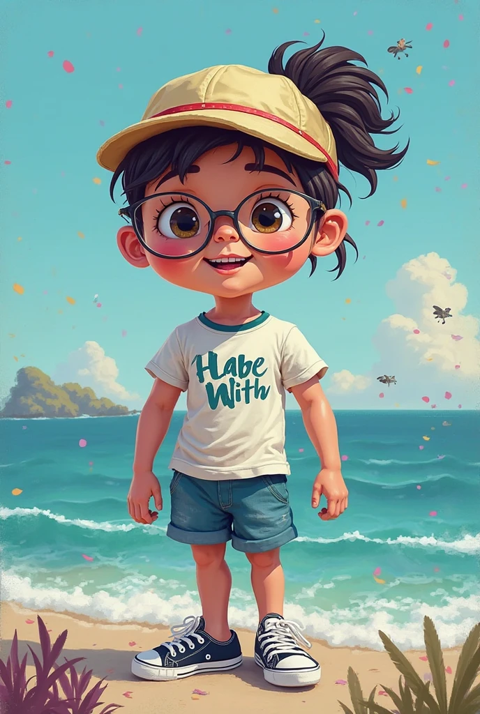 Create a Studio Ghibli-style photograph with a happy 3-year-old wearing glasses, vestido com trajes de praia, sentado em uma cadeira de praia, looking-into-camera. In the background, incluir o mar, Praia de areia branca, Montanhas, e palmeiras. The photograph should emphasize the boy sitting in the middle of a beautiful scenery. Capture a cena ao nascer do sol para infundir cores quentes no assunto. Pay meticulous attention to (((detalhes intrincados))) para garantir que o menino e os arredores exalem o charme extravagante do Studio Ghibli. Ambicione (((extrema qualidade de detalhes))) para criar uma fotografia visualmente cativante.