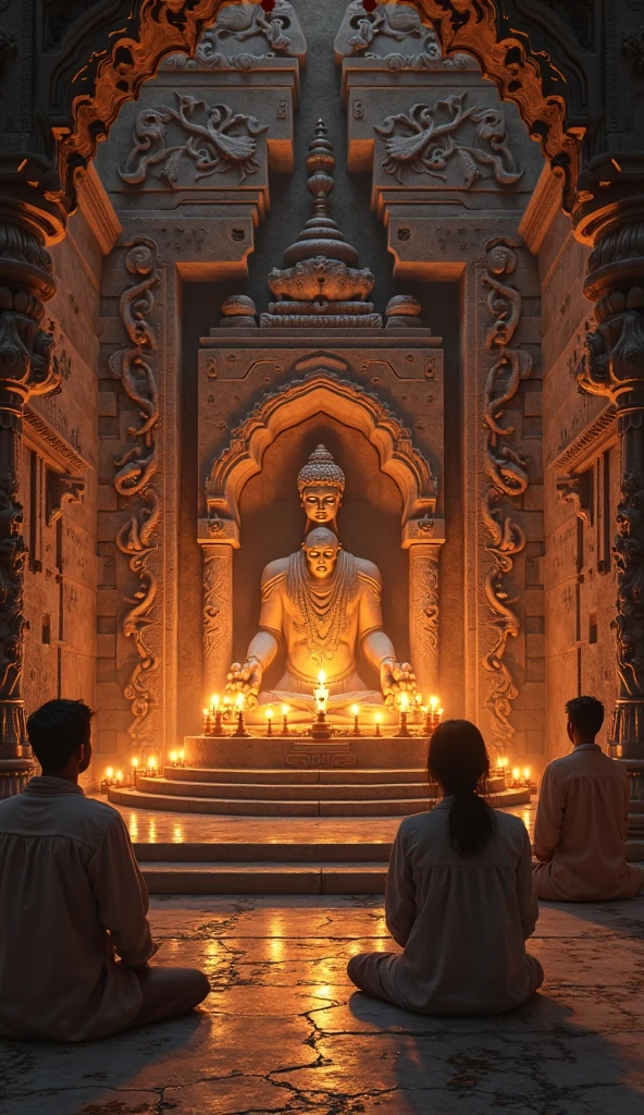 Shiv mandir from jnside where floor has black varpet entrence have stairs and decorated with diya stands in sides and walles of navy blue color and shiv ji murti in front of black stone and all the pooja stuff and in front of shiv ji there is stairs with red carpet and after stairs there was a small idol of nandi ji and that madir was decorated with diya and flowers