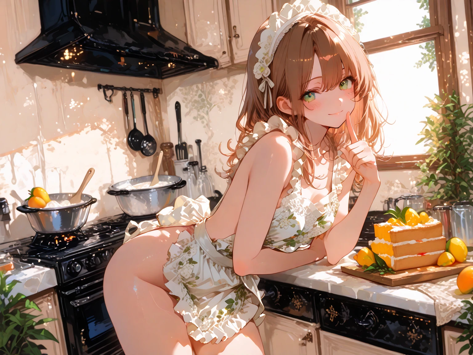 1 girl, ((naked)), (((visible pussy))), ((sitting having breakfast in the kitchen)), ((transparent seat)), (((NSFW)))