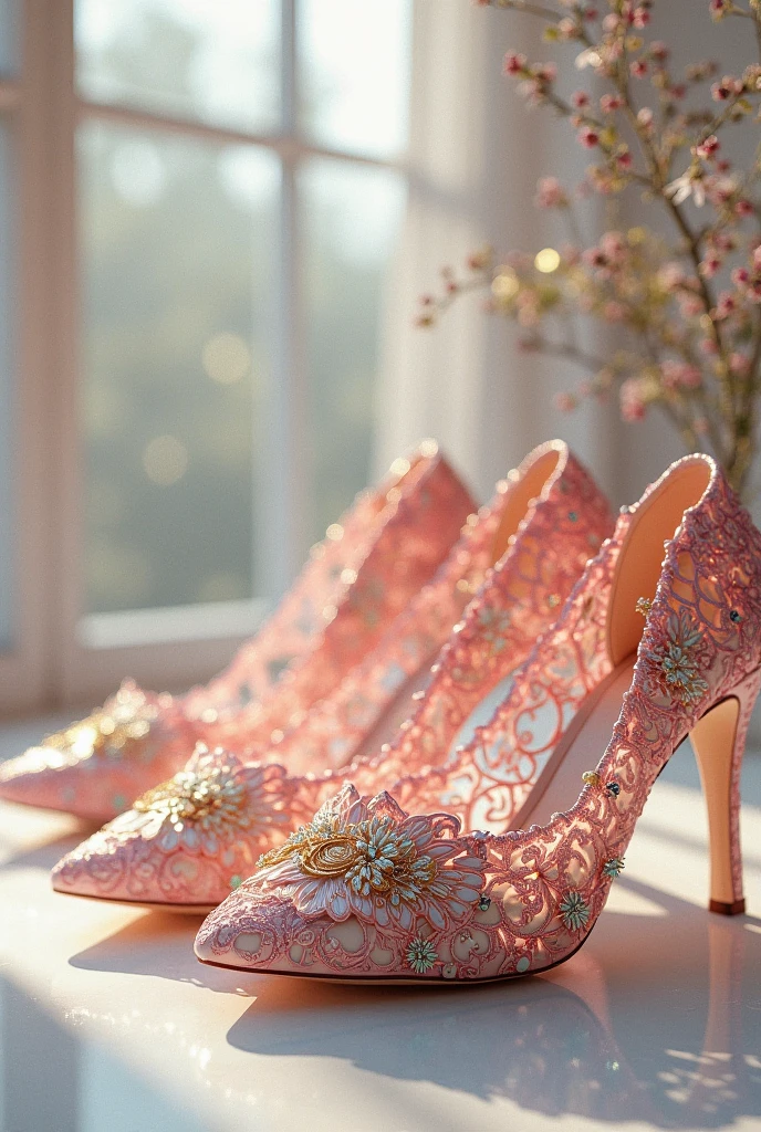 a captivating close-up in a cinematic, 4K, realistic, and detailed style. Showcase a woman's feet adorned with elegant sandals. Imagine delicate satin straps, a soft lavender hue perfectly matching a floral French manicure, crisscrossing the instep and ankle in a graceful dance. A slender stiletto heel, approximately 3 inches high, adds sophistication without compromising comfort. A subtle metallic sheen shimmers on the heel, adding a touch of glamour. Blur the background into a romantic restaurant setting, illuminated by flickering candlelight on a table elegantly adorned with crisp white linen and delicate floral arrangements. Hint at the woman's flowing dress along the bottom edge of the frame, creating an air of sophistication, romance, and subtle sensuality.
