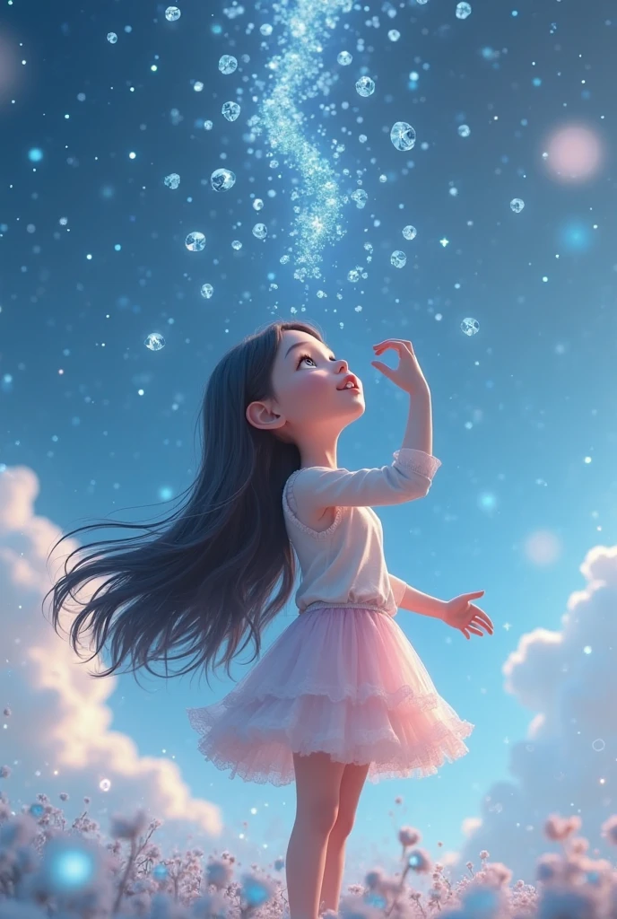 hd masterpiece, one standing woman, mid shot, colorful dress, clear hands, ((clouds and big colorful soap bubbles)), sea background