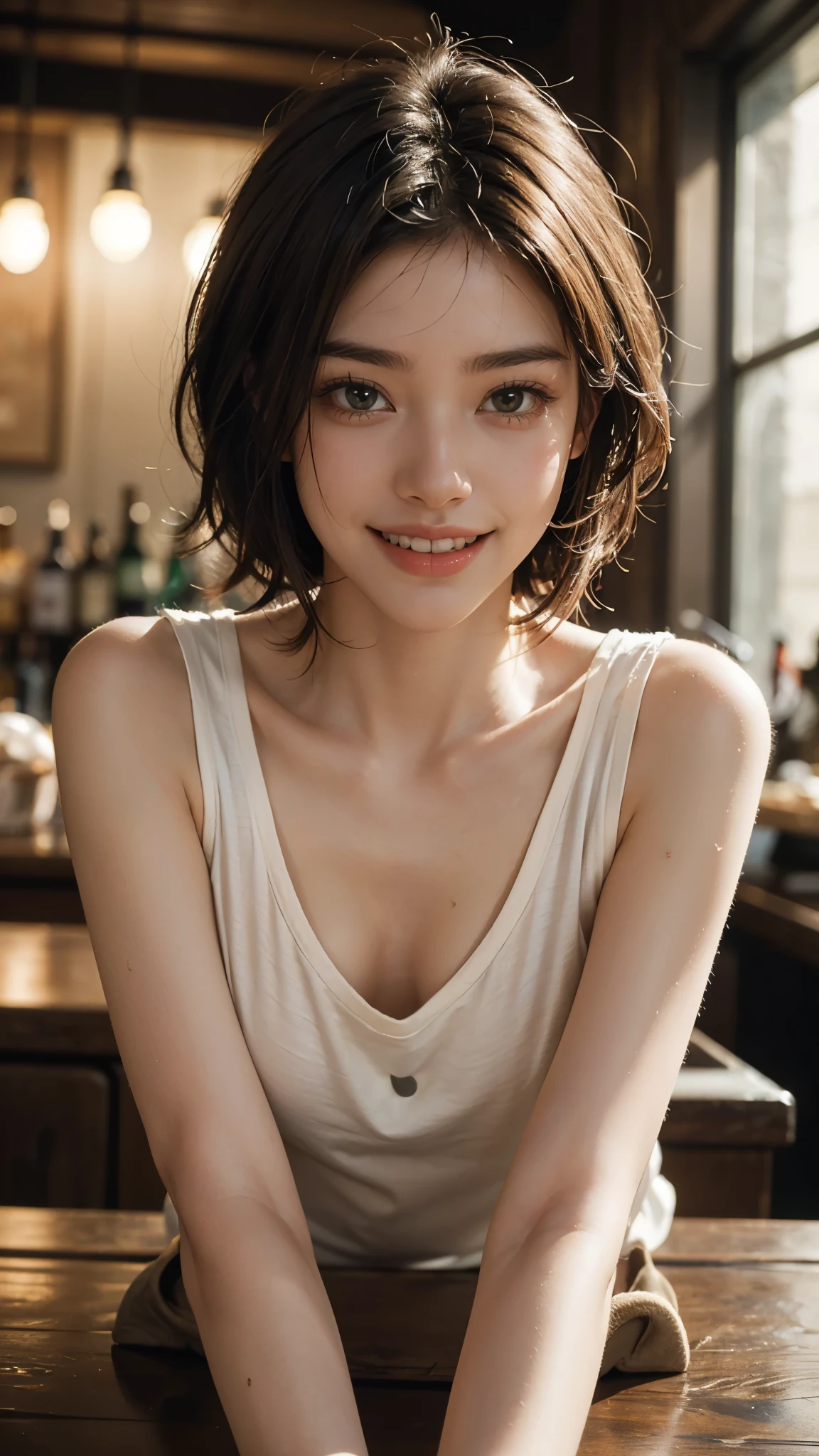Top quality, masterpiece, ultra high definition, (Reality: 1.4), Original photo, 1Girl, cinematic lighting, smile, bright, photo-like, sweaty, face red, pose to take photo