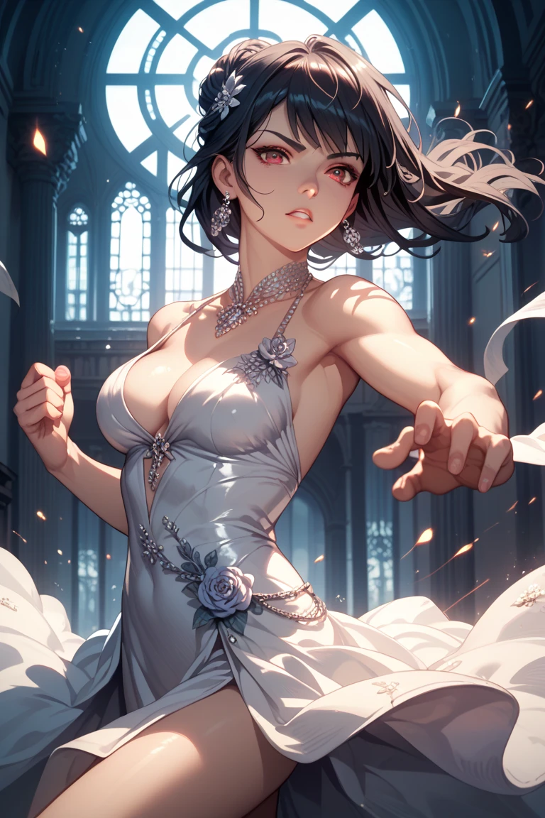 Tomb Raider in elegant dress in tricolor blue white red