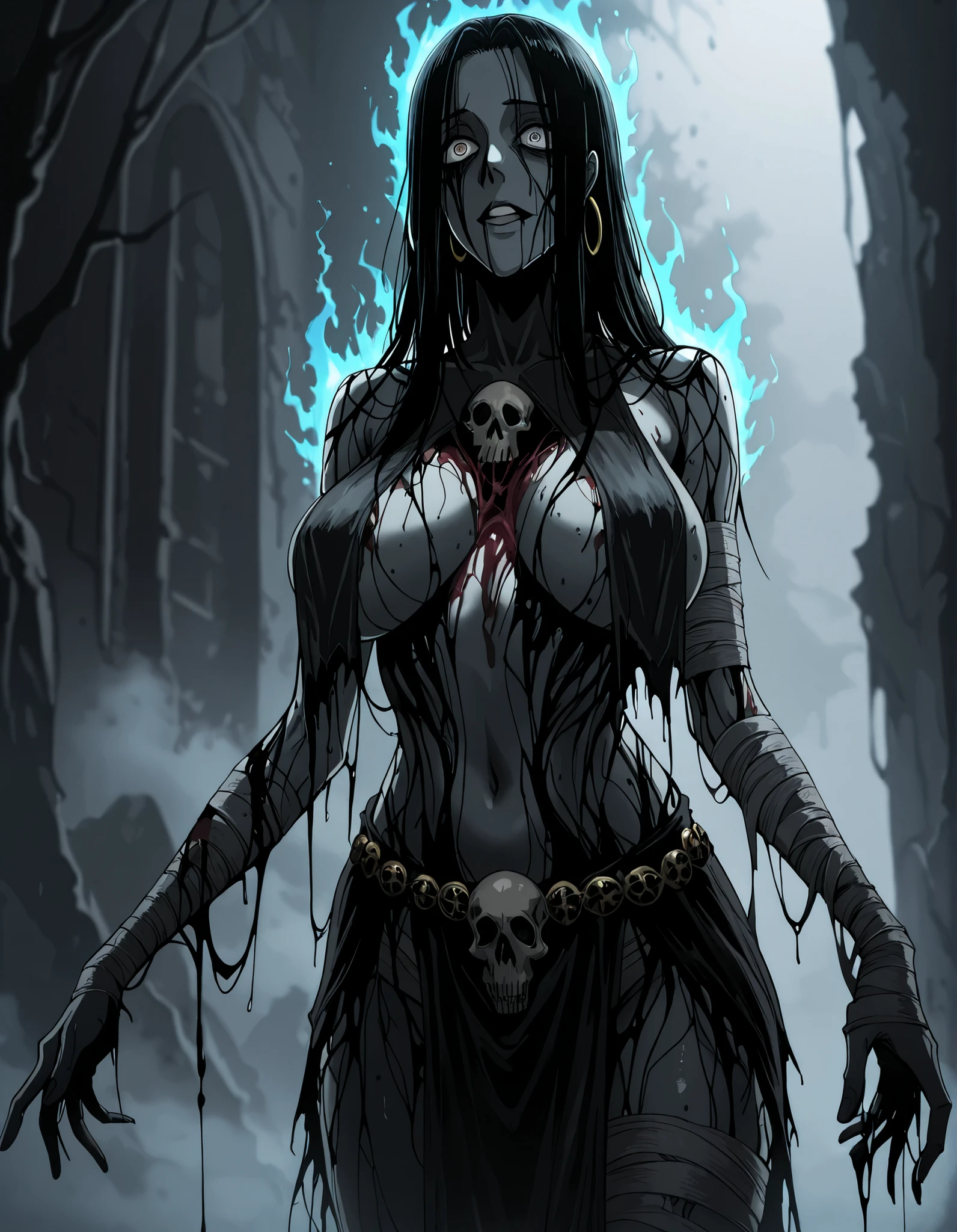 a banshee haunting a cimetery,ultra realistic 8k cg,best quality, picture-perfect face, flawless, clean,realistic, masterpiece, photorealistic lighting,detailed face,ray tracing,warm light,motion blur ,perfect face, beautiful face,((perfect female body, narrow waist)),(hair over eyes:1.3),long pointy ears,ultra detail hair, ultra detail face,huge breasts,huge ass,europeen,skirt,panties,((detailed facial features)),ghost style, <lora:Banshee:1>