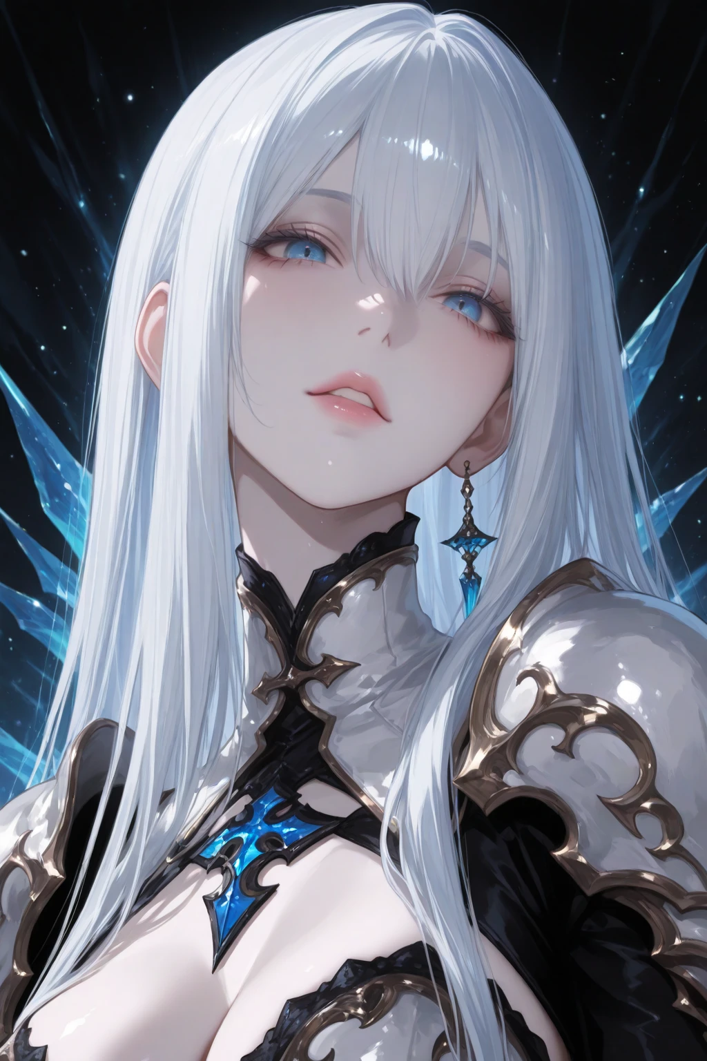 masterpiece, highest quality, (solo focus), (perfect face:1.1), (high detail:1.1),dramatic, 1guy, (pale skin), long white hair, white eyes, solo, long hair, moon, night, white luxury suit, vampire, covered navel, pouty lips, covered, victorian city, detailed background, gothic renaissance, cinematic lighting,