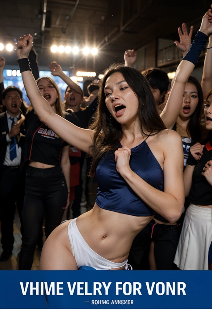 (8k RAW Photo, full body photograph, sharp detail, crisp detail, high detail, rich detail, proffesional lighting, 17 years old girl, medium breast, ideal body, full body photograph), (naked,nude), dancing with her friends in a party, in a crowded school classroom, really sweating, BSP, pussy, night, colorfull spotlight, disc jockey party, wind flowing